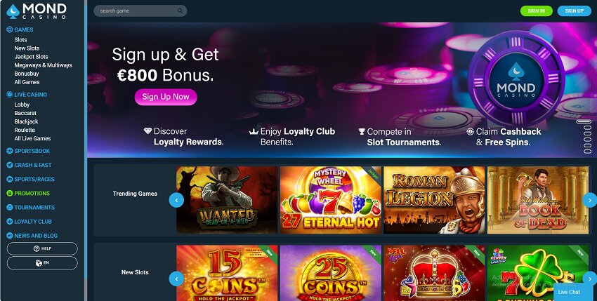 Mond Casino Home Page